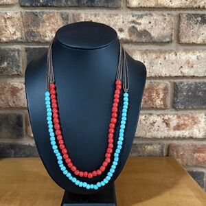 Vintage red and turquoise color glass beaded stacking necklaces
